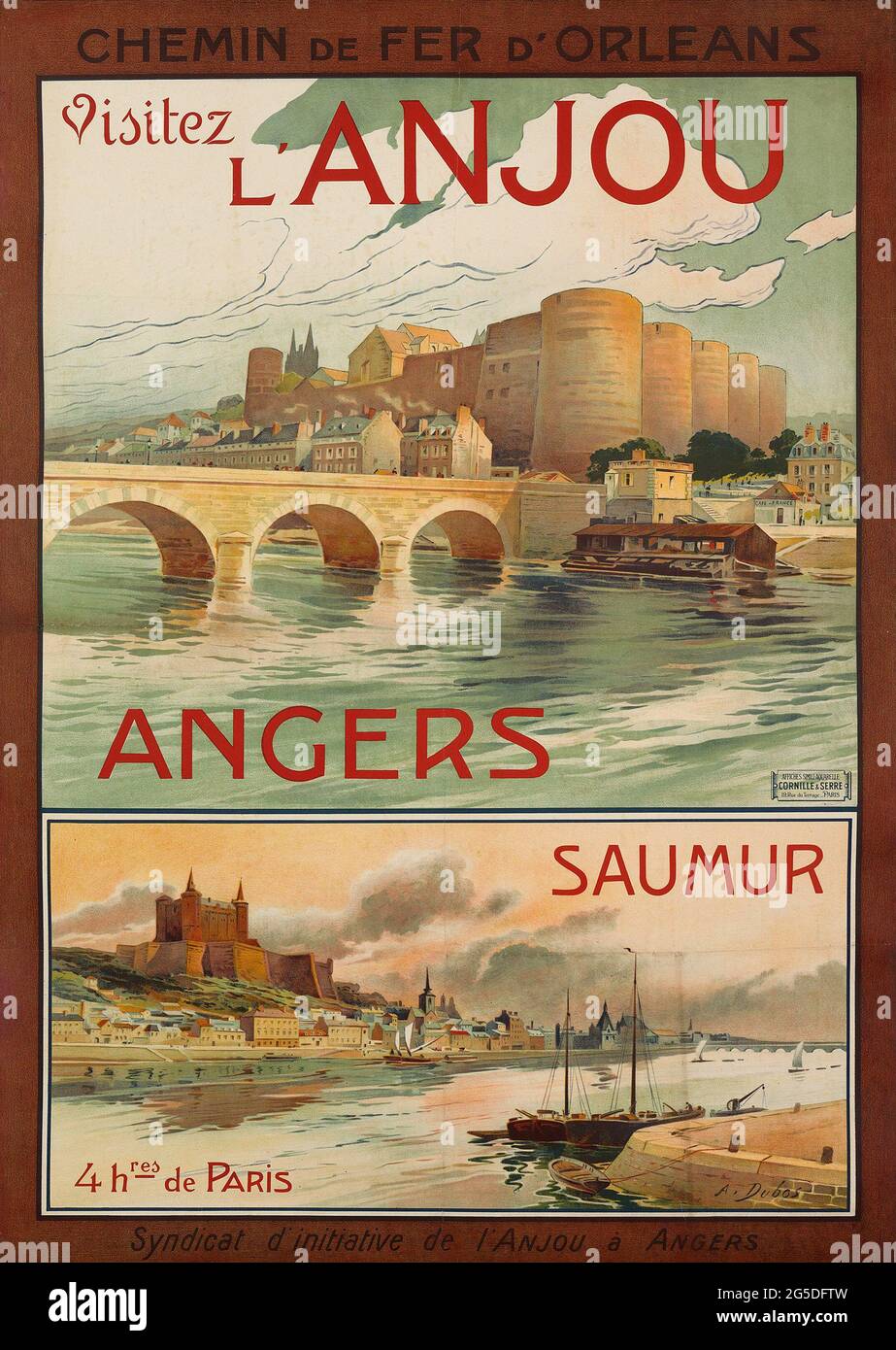 Un poster di viaggio vintage per Anjou, Angers et Saumur in Bretagna, Francia Foto Stock
