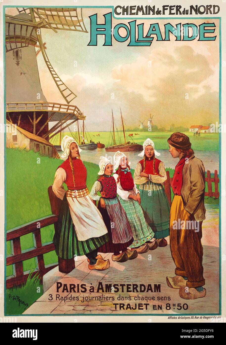 Un poster di viaggio d'epoca francese per l'Olanda e Amsterdam in treno da Parigi Foto Stock Un poster di viaggio d'epoca francese per l'Olanda e Amsterdam in treno da Parigi Foto Stock