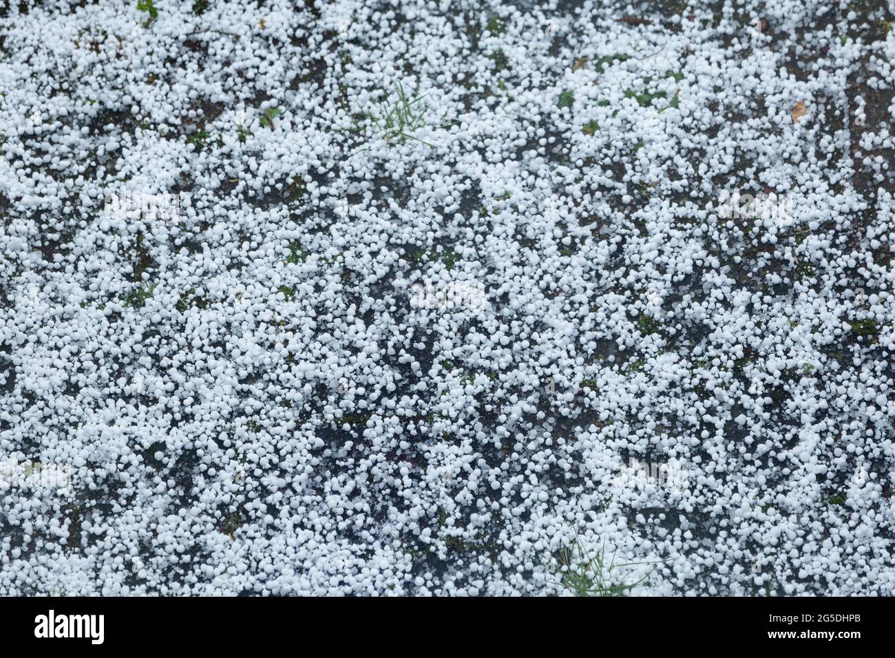 Grandine dopo una tempesta di ghiaccio sulla strada Foto Stock