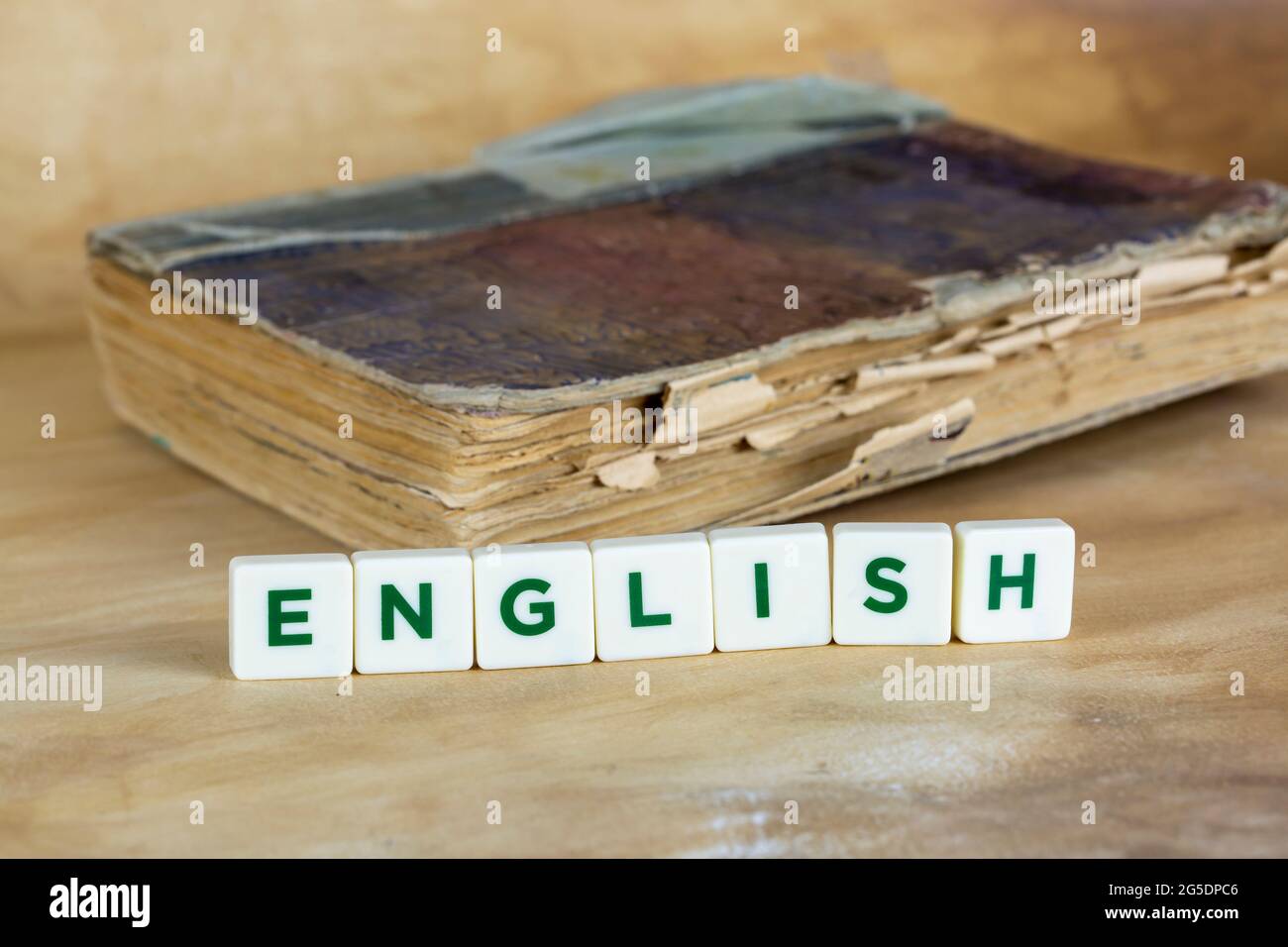 Sul tavolo si trovano il libro e i cubetti di legno con l'iscrizione inglese. Il concetto di apprendimento delle lingue straniere. Foto Stock