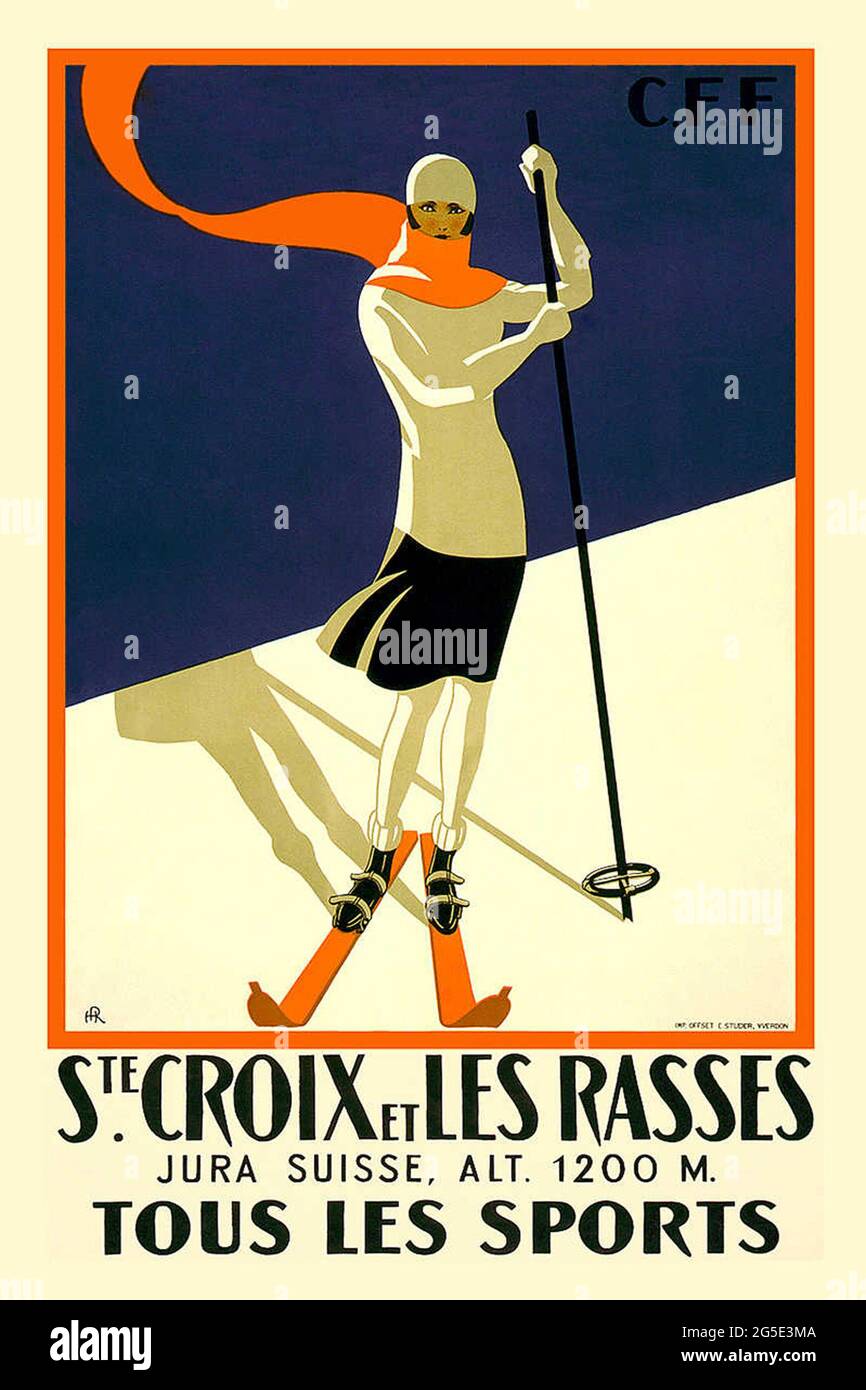 Un poster di viaggio d'epoca per gli sport invernali a Ste Croix e Les Rasses, Svizzera Foto Stock