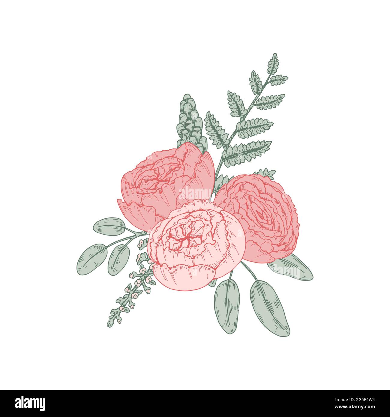 Mazzo di fiori disegnato a mano. Illustrazione vettoriale. Elementi di design per matrimoni Illustrazione Vettoriale