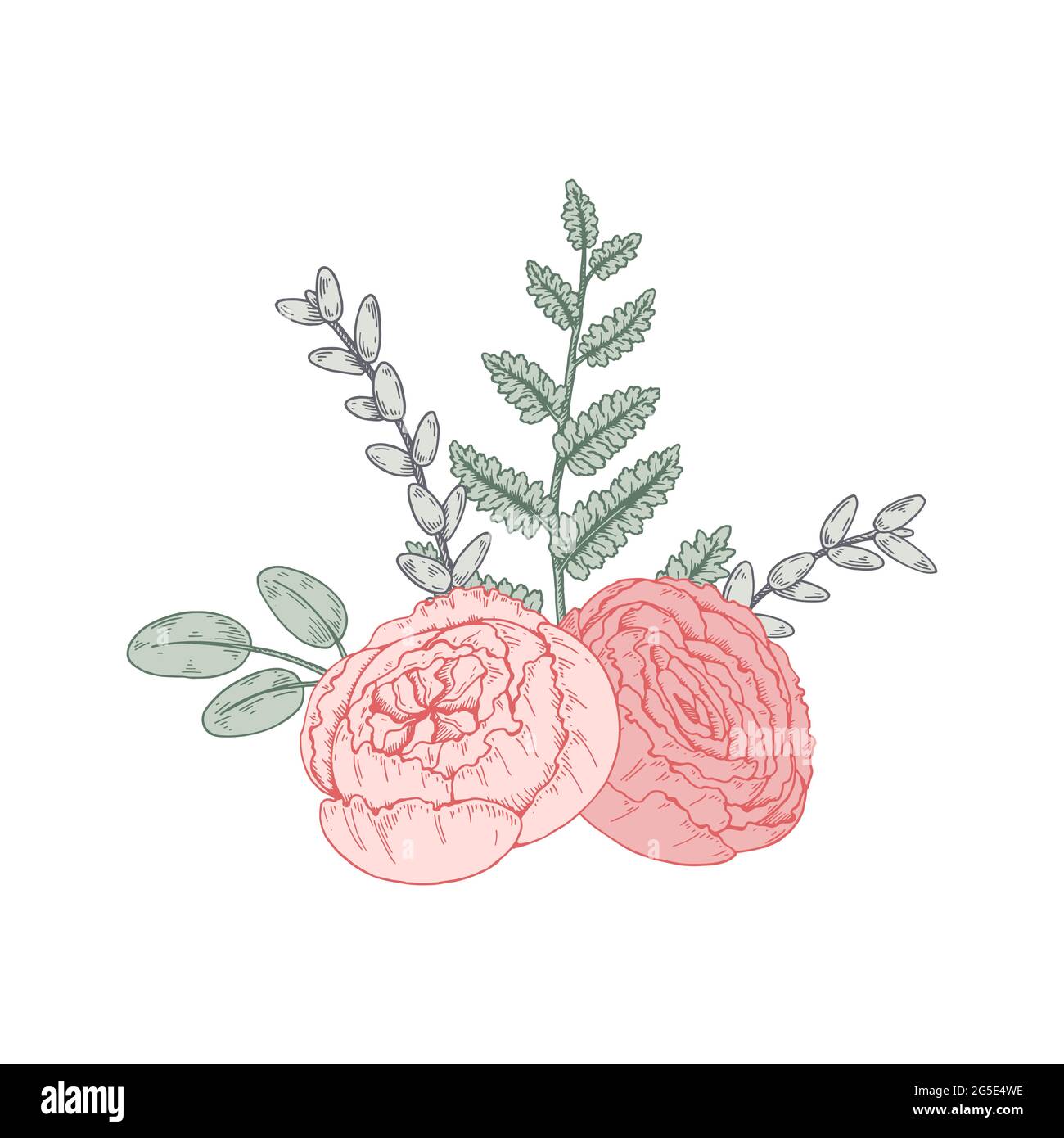 Mazzo di fiori disegnato a mano. Illustrazione vettoriale. Elementi di design per matrimoni Illustrazione Vettoriale