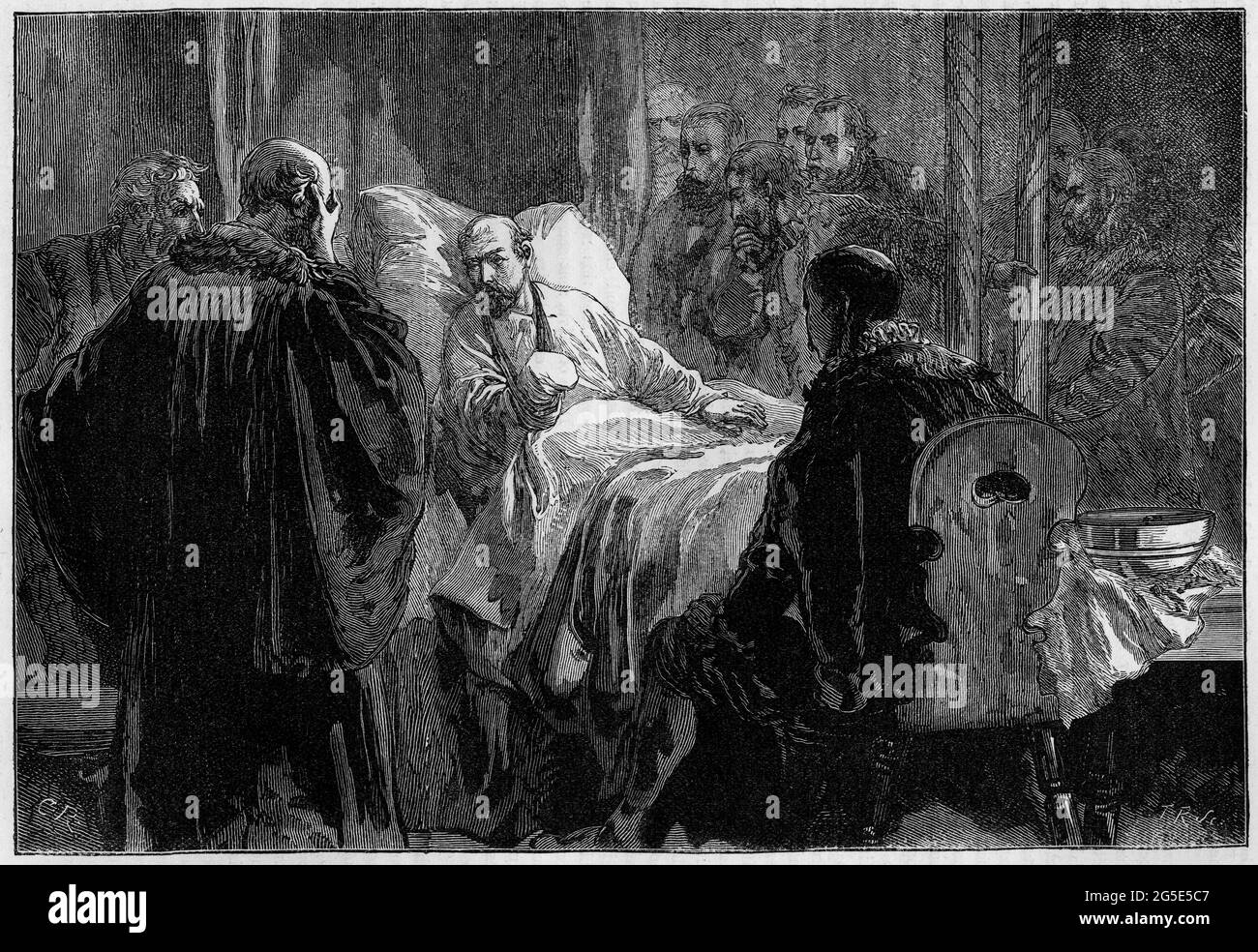 Incisione dell'ammiraglio Coligny circondato dai suoi amici dopo essere stato ferito fatalmente nel massacro del giorno di San Bartolemew, quando i cattolici si sono levati contro i loro vicini Hugeunot in Francia. Foto Stock