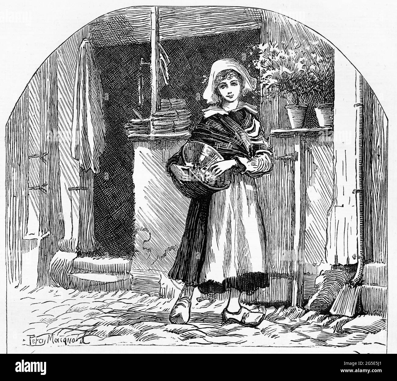 Incisione di una ragazza olandese in abiti tradizionali facendo chorse intorno alla casa, circa 1890 Foto Stock