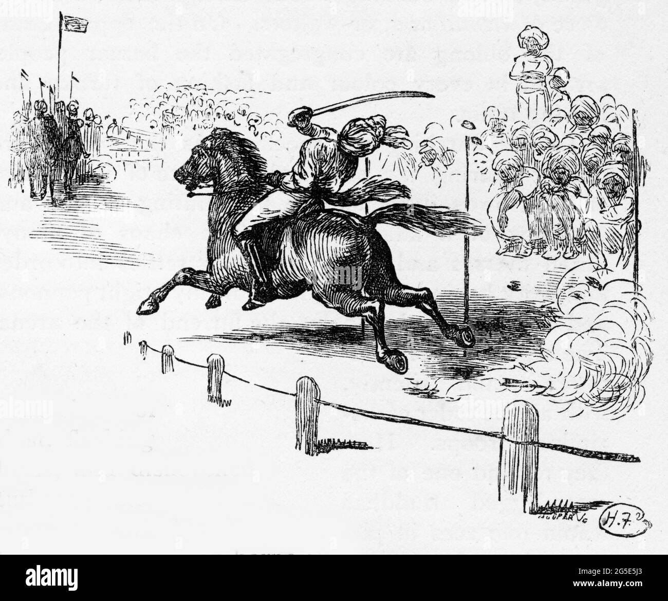Incisione di un cavaliere esperto che si presenta ad una folla, probabilmente in Afghanistan o Turchia, intorno al 1880 Foto Stock Incisione di un cavaliere esperto che si presenta ad una folla, probabilmente in Afghanistan o Turchia, intorno al 1880 Foto Stock