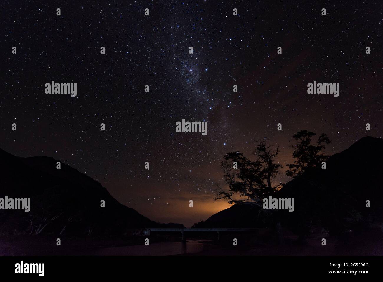 Cielo con molte stelle a mezzanotte nel Los Alerces National Park, Argentina Foto Stock