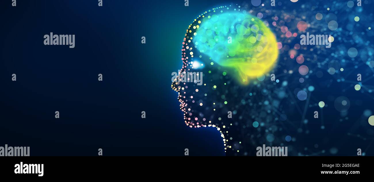 Testa umana con una rete cerebrale luminosa. Cervello digitale, informazioni di analisi, Cyber Mind, apprendimento profondo e automatico, coscienza, inferno artificiale Foto Stock