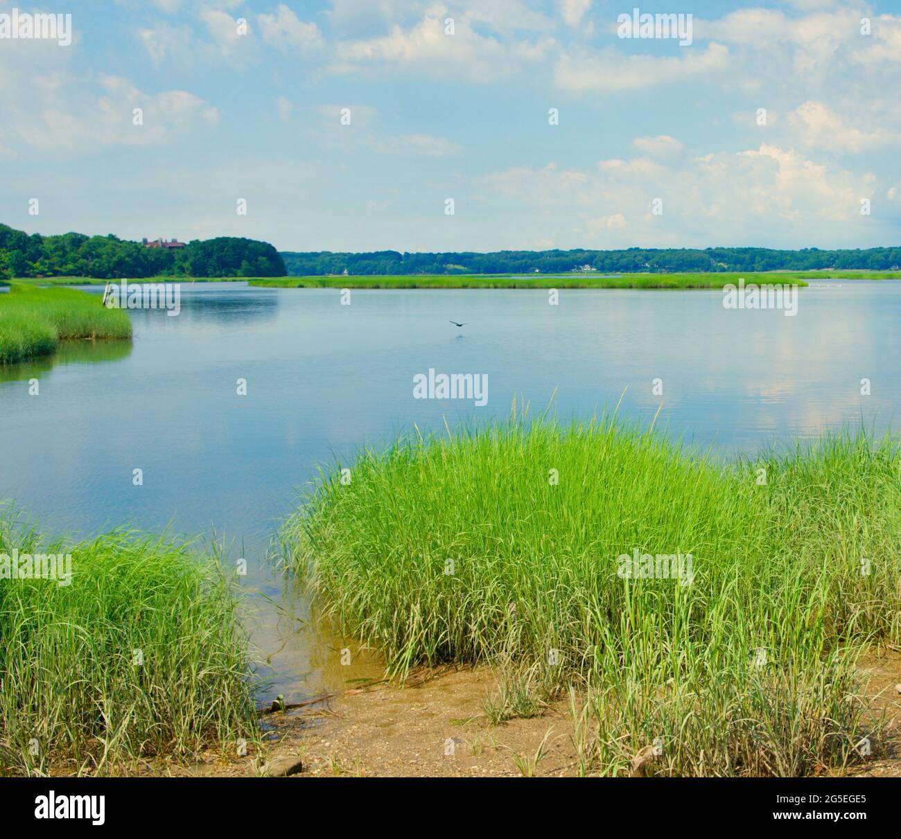 Vista del porto di Stony Brook dallo storico villaggio di Stony Brook, Long Island, New York. Spazio di copia. Foto Stock