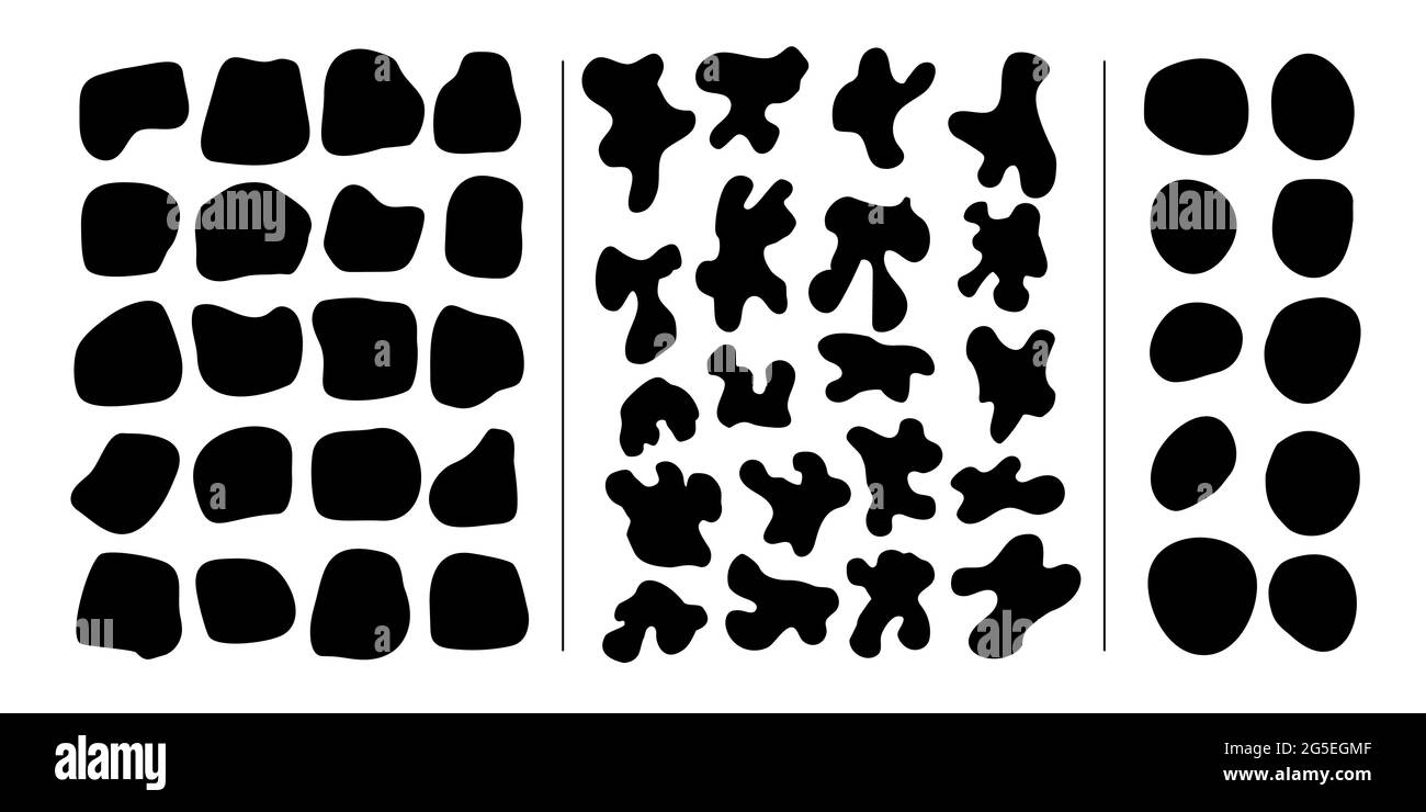 Tre serie di forme di blob astratte. Elementi grafici disegnati a mano per vari scopi grafici, ad esempio motivi, isolati su sfondo bianco. Vettore EPS8 Illustrazione Vettoriale