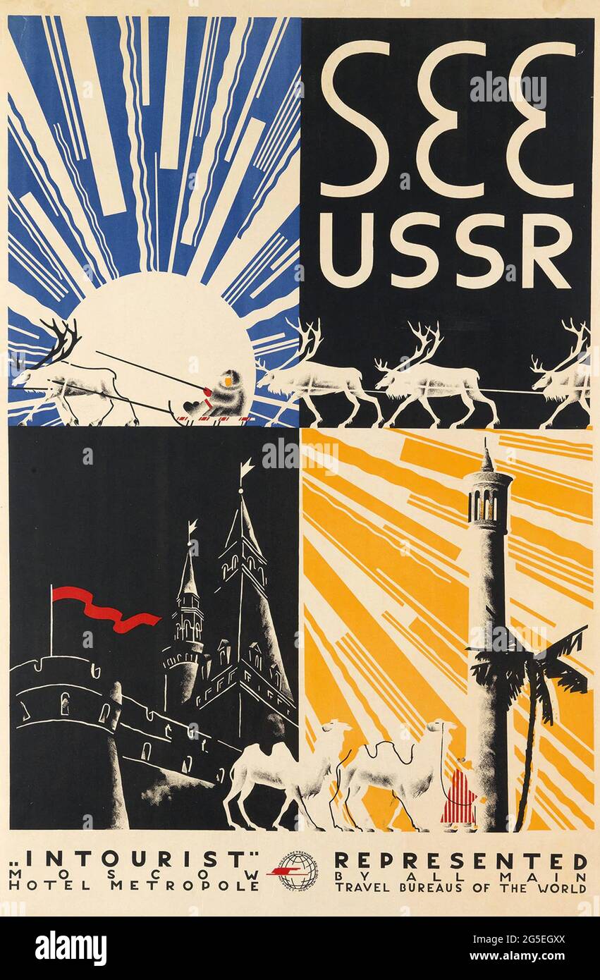 Un poster di viaggio vintage per l'URSS (Russia) con l'agenzia turistica ufficiale Intourist Foto Stock