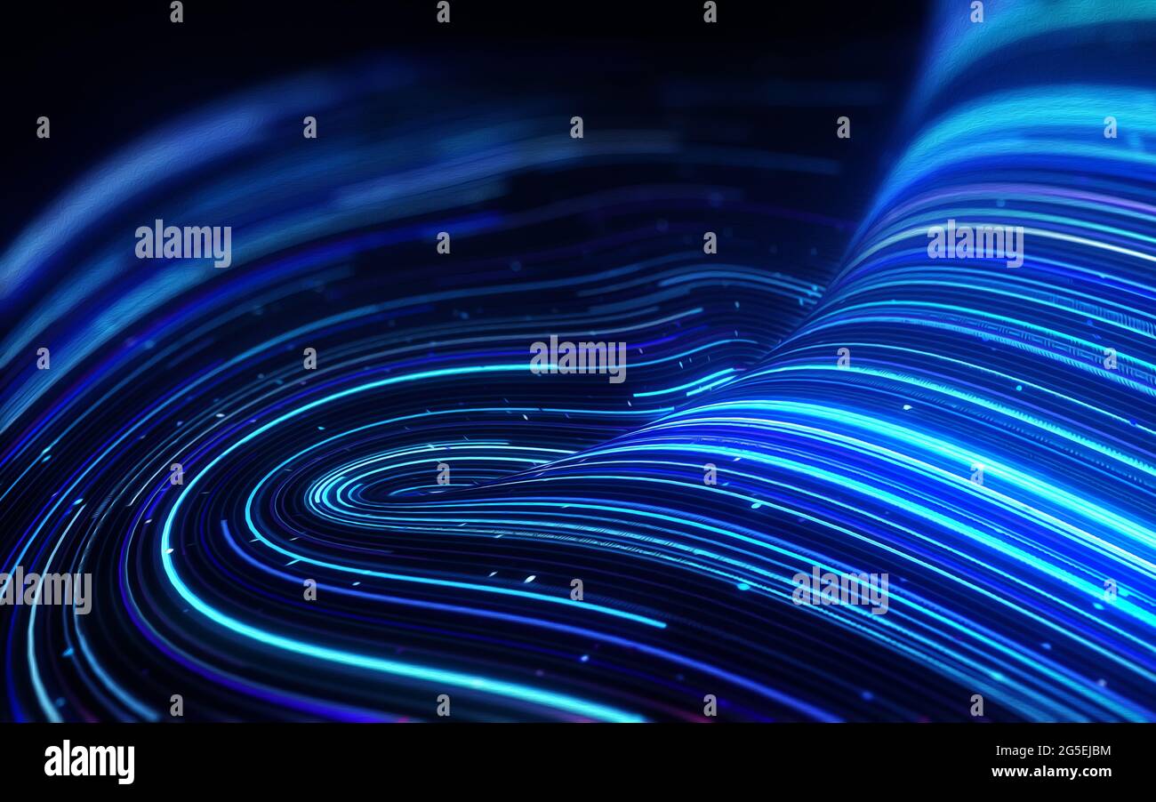 Linee astratte che scorrono un pattern dinamico in colori blu su sfondo nero per il concetto di tecnologia di intelligenza artificiale. Foto Stock