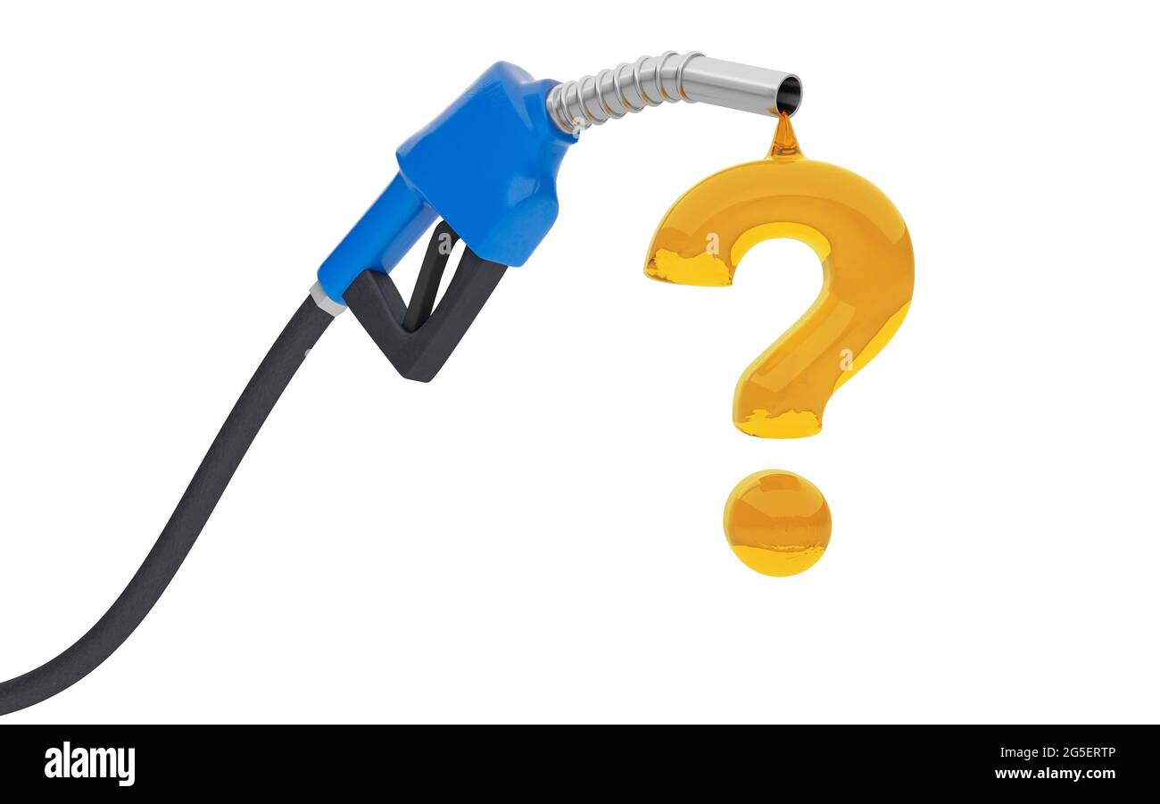 Pompa di alimentazione con una goccia a forma di punto interrogativo. Concetto di scelta del carburante. Isolato su sfondo bianco. rendering 3d. Foto Stock