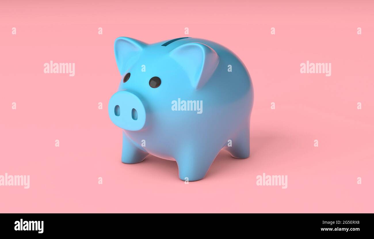 Banco di piggy blu su sfondo rosa. rendering 3d. Foto Stock