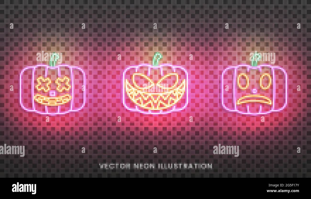 Halloween al neon Jack o Lanterna segno. Set di zucche brillanti per Halloween Illustrazione Vettoriale