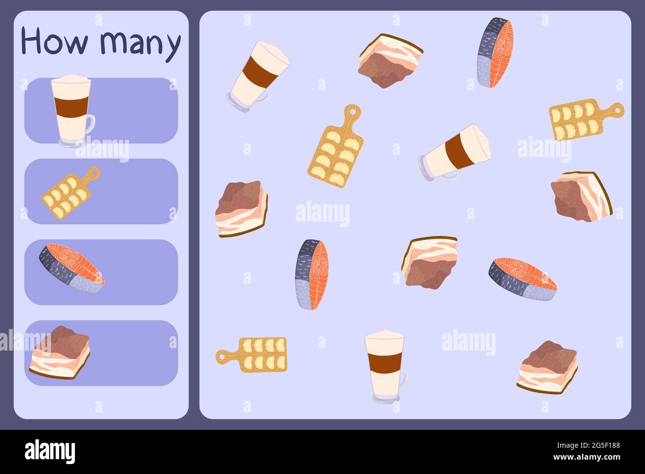 Mini gioco matematico bambini - contare quanti alimenti - latte, varenyky, salmone, beacon. Giochi educativi per bambini. Modello di disegno di cartoni animati su sfondo colorato. Grafico vettoriale. Illustrazione Vettoriale