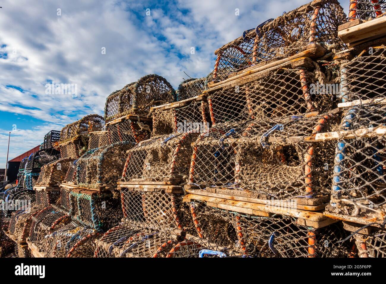 Le creelle di pesca si accatastavano su un lato del porto in Scozia Foto Stock