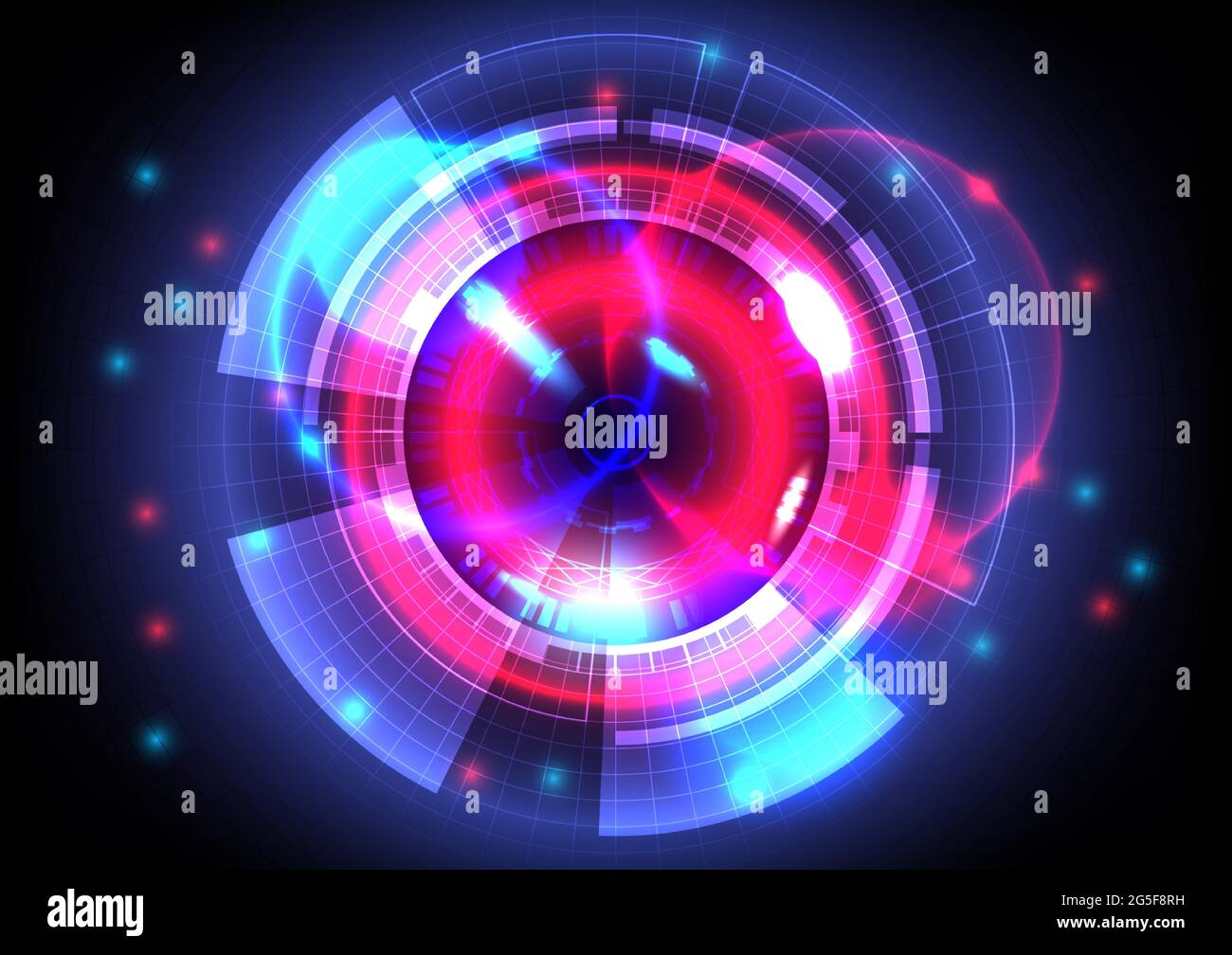 Luce blu e rossa. Astratto luminoso sfondo circolare HUD. Interfaccia futuristica. Schermata della tecnologia di realtà virtuale Illustrazione Vettoriale