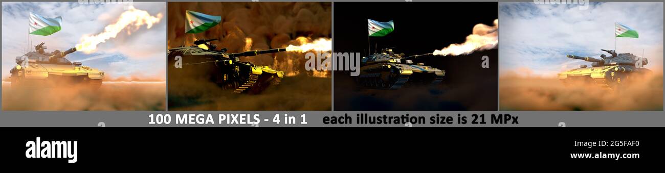Gibuti Army Concept - 4 immagini dettagliate di carri armati pesanti con disegno fittizio con bandiera Gibuti, illustrazione militare 3D Foto Stock