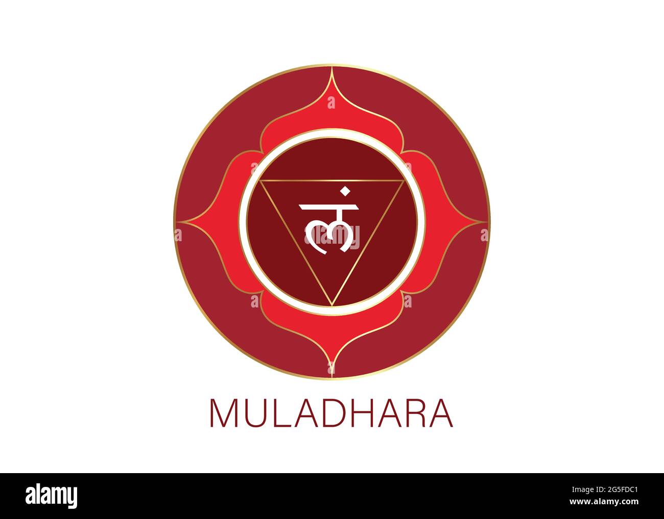 Modello del logo di muladhara chakra. Primo simbolo chakra radice. Meditazione rosso segno sacrale, yoga rotondo mandala vettore icona isolato su sfondo bianco Illustrazione Vettoriale