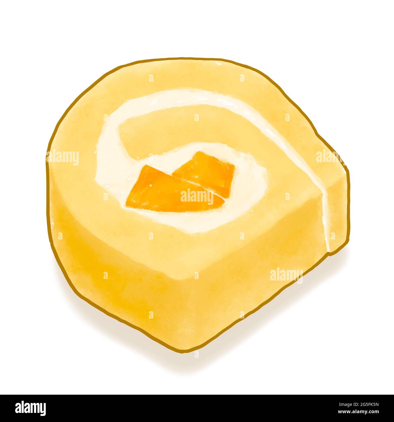 Mango roll cake, un dipinto digitale di panna a fette marmellata rotolo con frutta panetteria raster 3D illustrazione isolato su sfondo bianco. Foto Stock