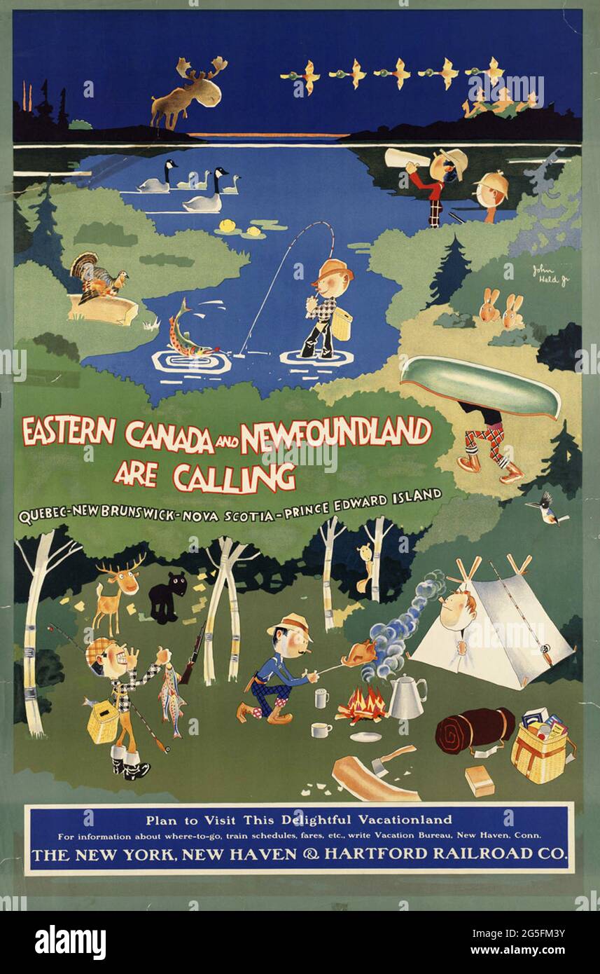 Un poster di viaggio d'epoca per il Canada orientale e Terranova, con Quebec, New Brunswick, Nova Scotia e Prince Edward Island Foto Stock