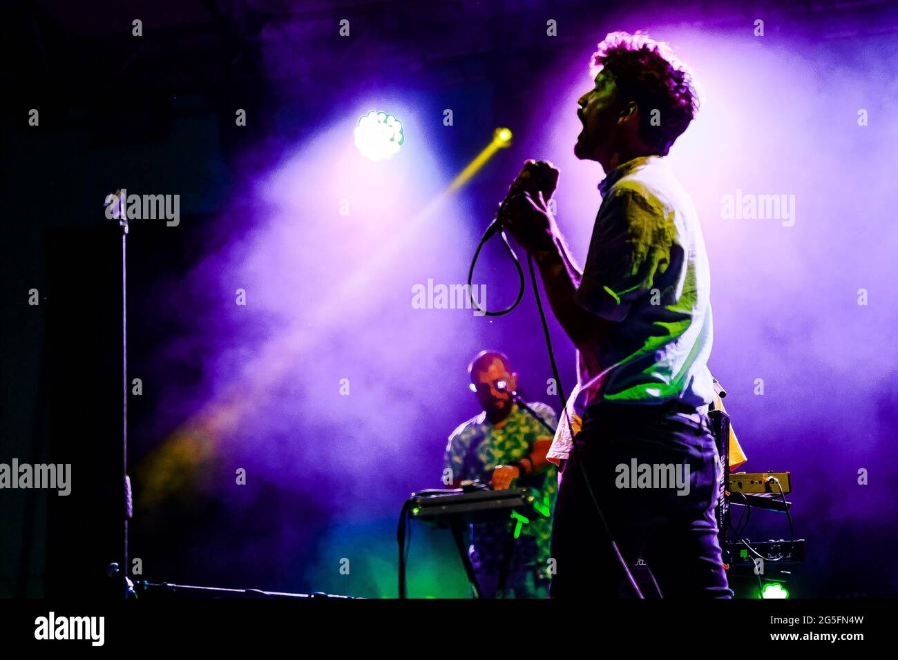 La band indie rock italiana lo Stato sociale inizia il suo Recovery tour dal proprio paese di Bologna durante il nuovo festival Nova a Dumbo a Bologna il 22 giugno 2021. (Foto di Luigi Rizzo/Pacific Press/Sipa USA) Foto Stock