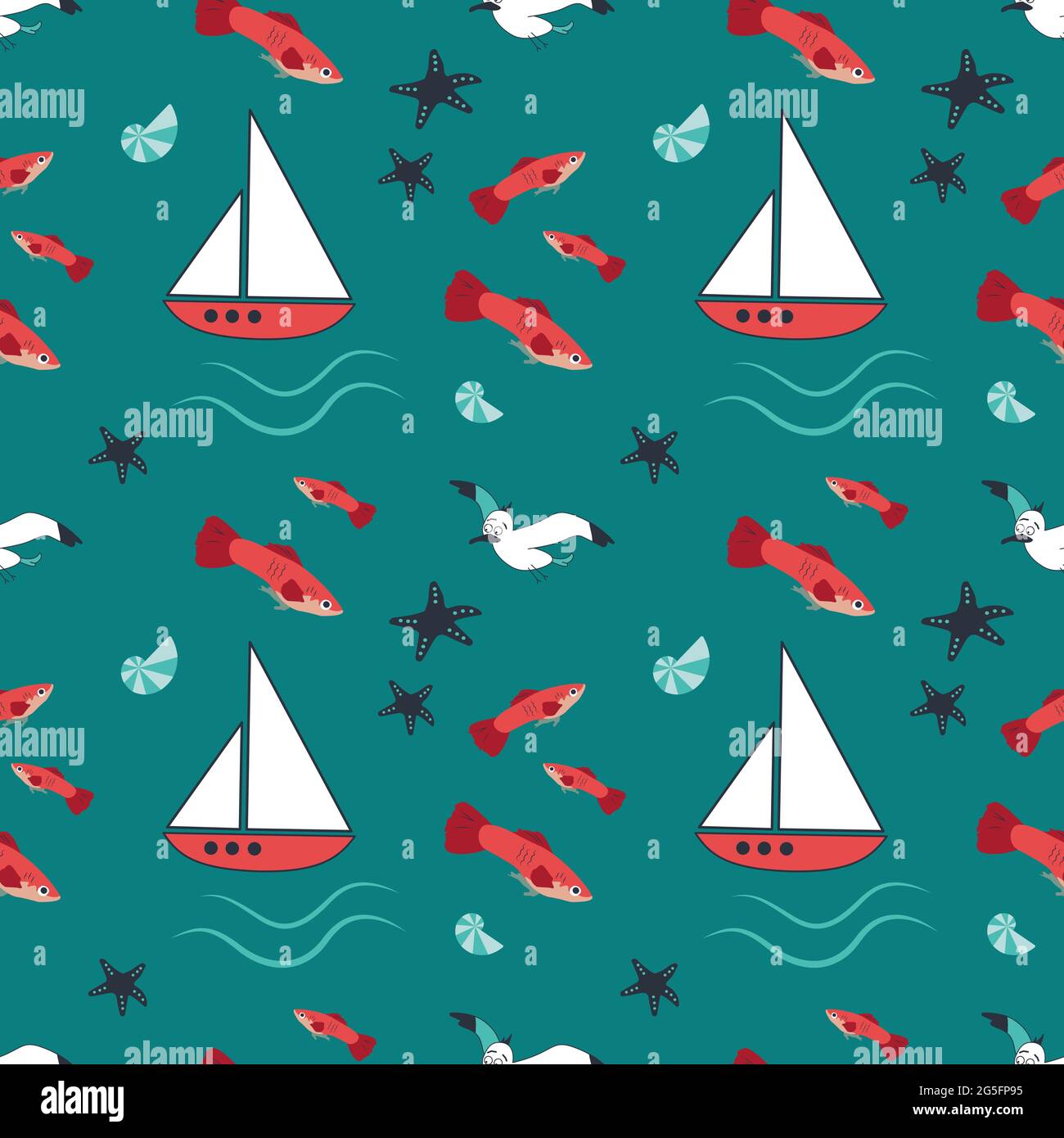 Modello marino estivo con navi, onde, stelle marine, gabbiani e pesci su sfondo blu Illustrazione Vettoriale