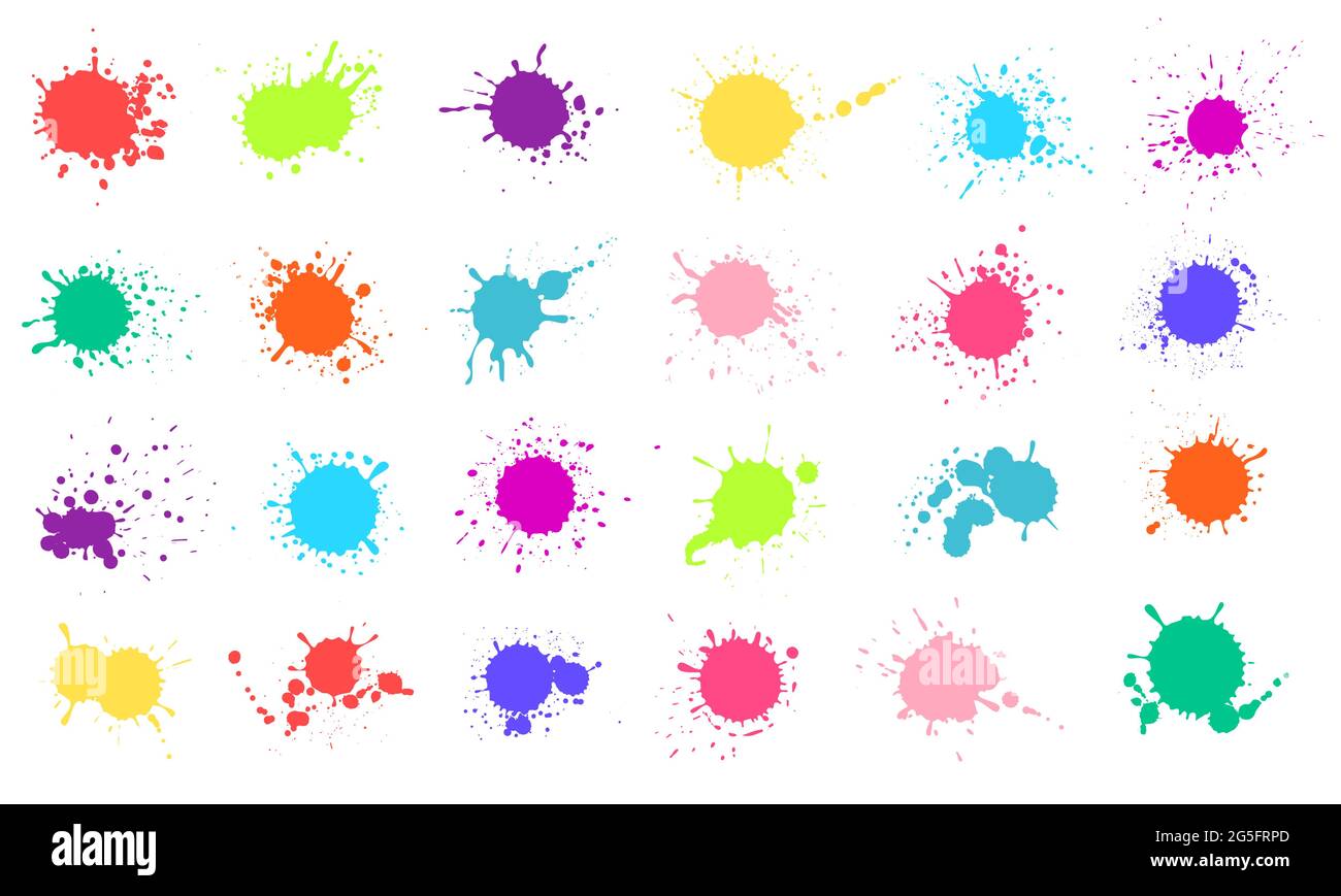 Schizzi di vernice. Le vernici liquide colorate si sprettano. Gocce di inchiostro colorate, macchie, macchie. Set vettoriale di silhouette astratte colore grunge inkblot. Collezione di acquerelli luminosi isolati su bianco Illustrazione Vettoriale