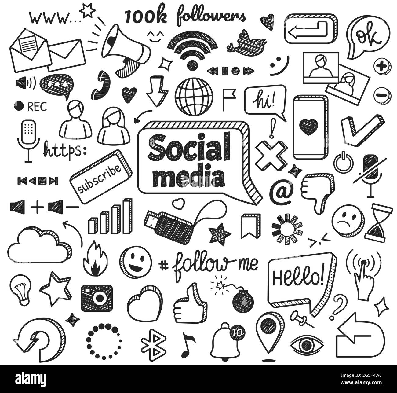 Doodles dei social media. Simboli di schizzo di rete e Internet disegnati a mano. Marketing digitale, blogging, comunicazione online doodle segno vettore insieme. Icone di messaggi o chat con sta, nuvola, sorriso Illustrazione Vettoriale