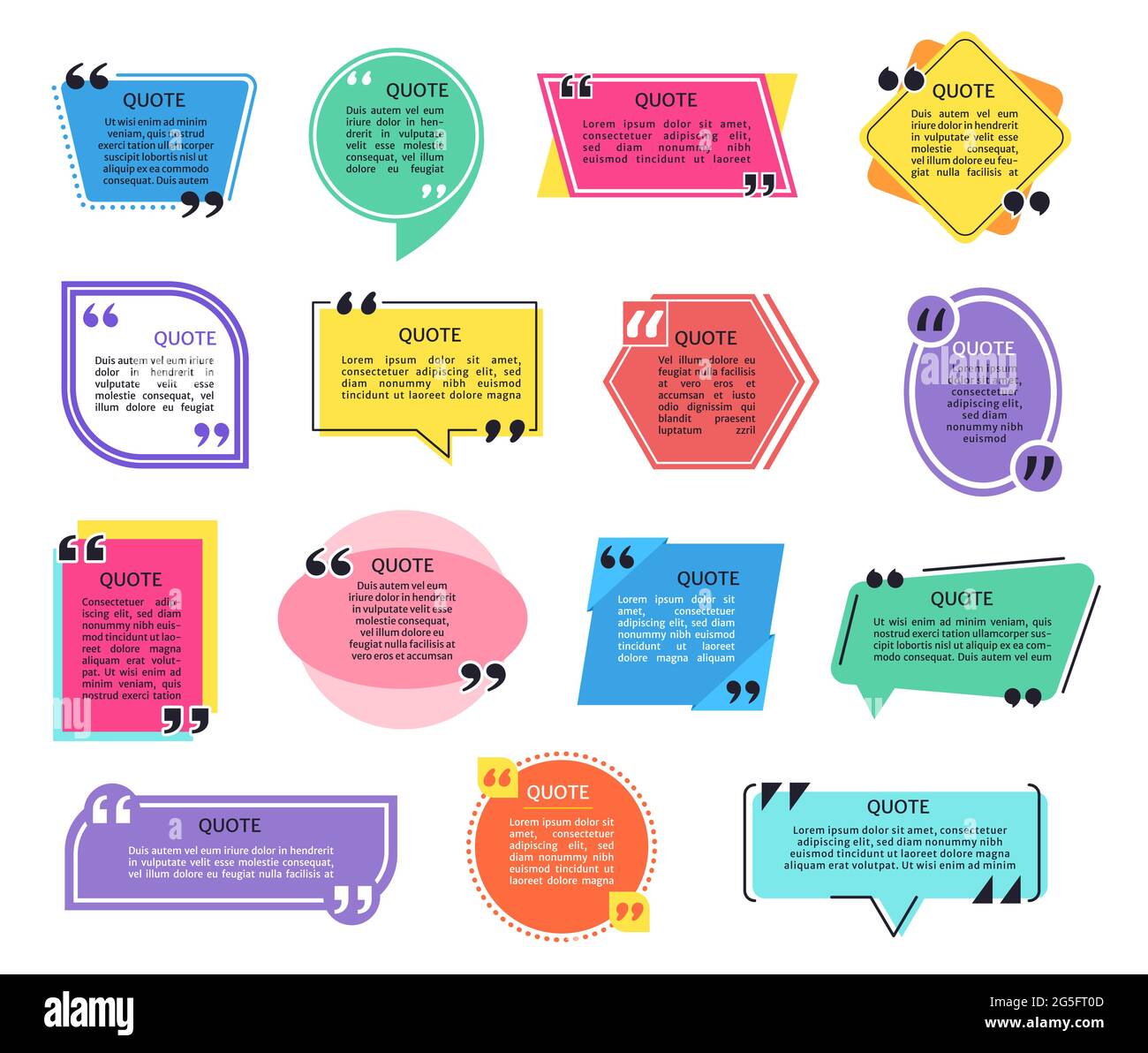 Riquadri preventivi. Riquadro delle virgolette con virgolette, titolo e testo. Finestra di dialogo forma geometrica caselle di fumetto vocale, informazioni tag gruppo vettoriale. Palloncino per la comunicazione o la conversazione Illustrazione Vettoriale