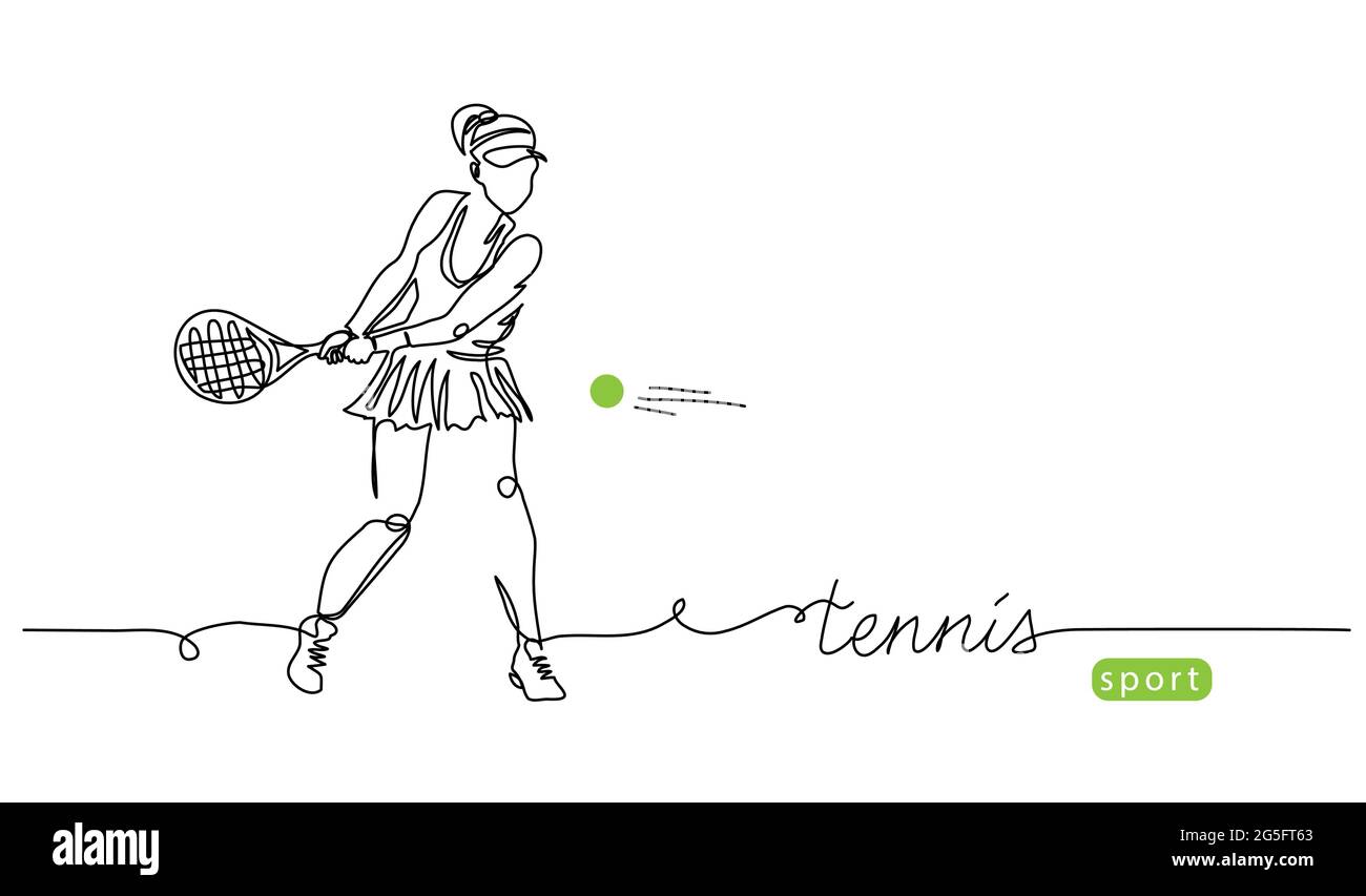 Giocatore di tennis semplice sfondo vettoriale, banner, poster con donna, racchetta e palla. Illustrazione di un disegno di linea del giocatore di tennis Illustrazione Vettoriale