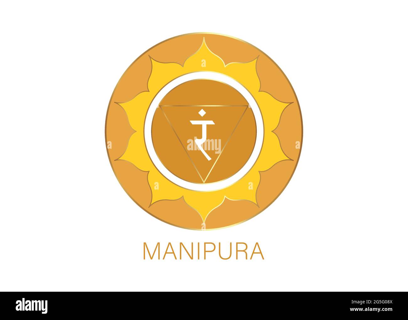 Manipura, plesso solare chakra simbolo. Modello con logo giallo, mandala colorato. Elemento di meditazione spirituale illustrazione vettoriale isolato su sfondo bianco Illustrazione Vettoriale