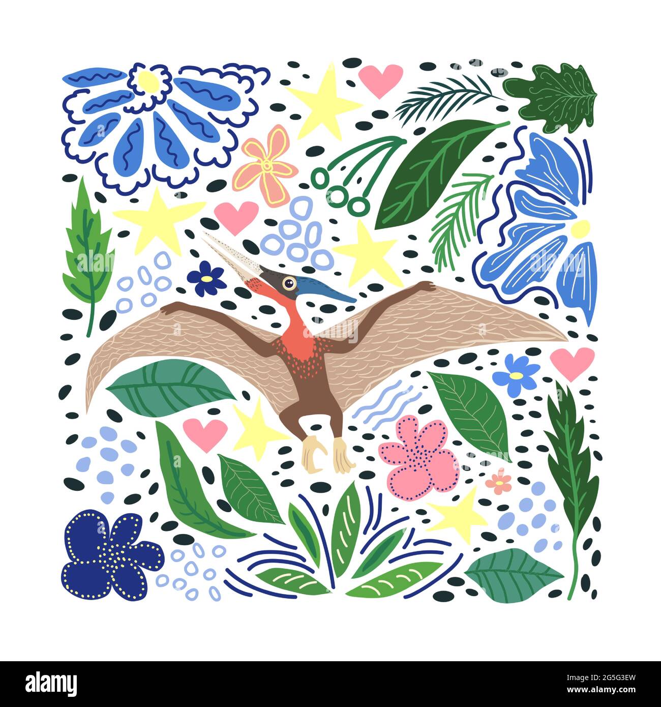 Flying pterodactyl, collezione preistorica di dinosauri. Animali antichi. Disegnato a mano. In una cornice di fiori e foglie. Illustrazione Vettoriale