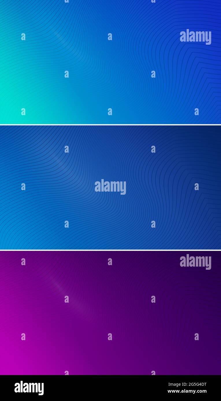 Linee colorate, fluide e piegate su sfondi blu e viola. Tre sfondi astratti moderni e alla moda con risoluzione 4k. Foto Stock