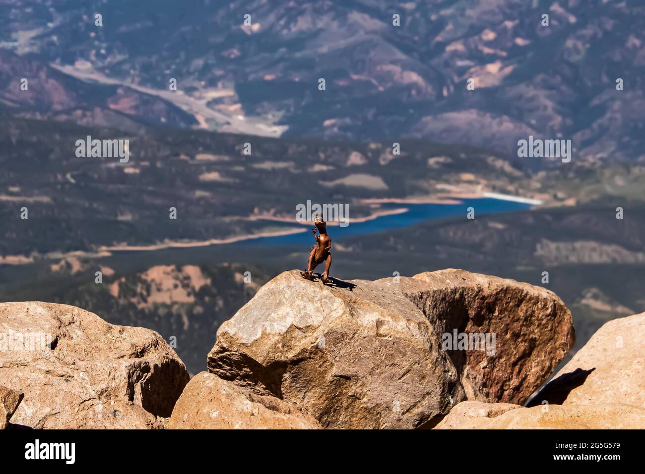 Dinosauro arroccante su rocce in cima alla montagna con valle profonda e lago offuscato in lontananza Foto Stock