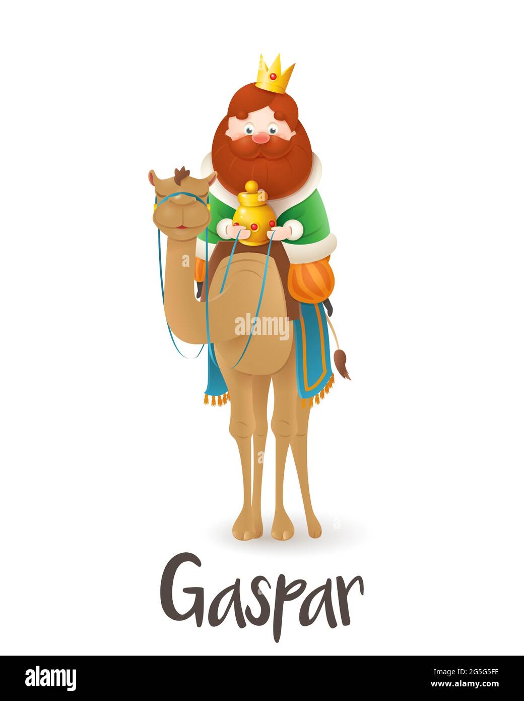Saggio uomo Gaspar su cammello celebrare Epifania - vettore illustrazione isolato su sfondo trasparente Illustrazione Vettoriale