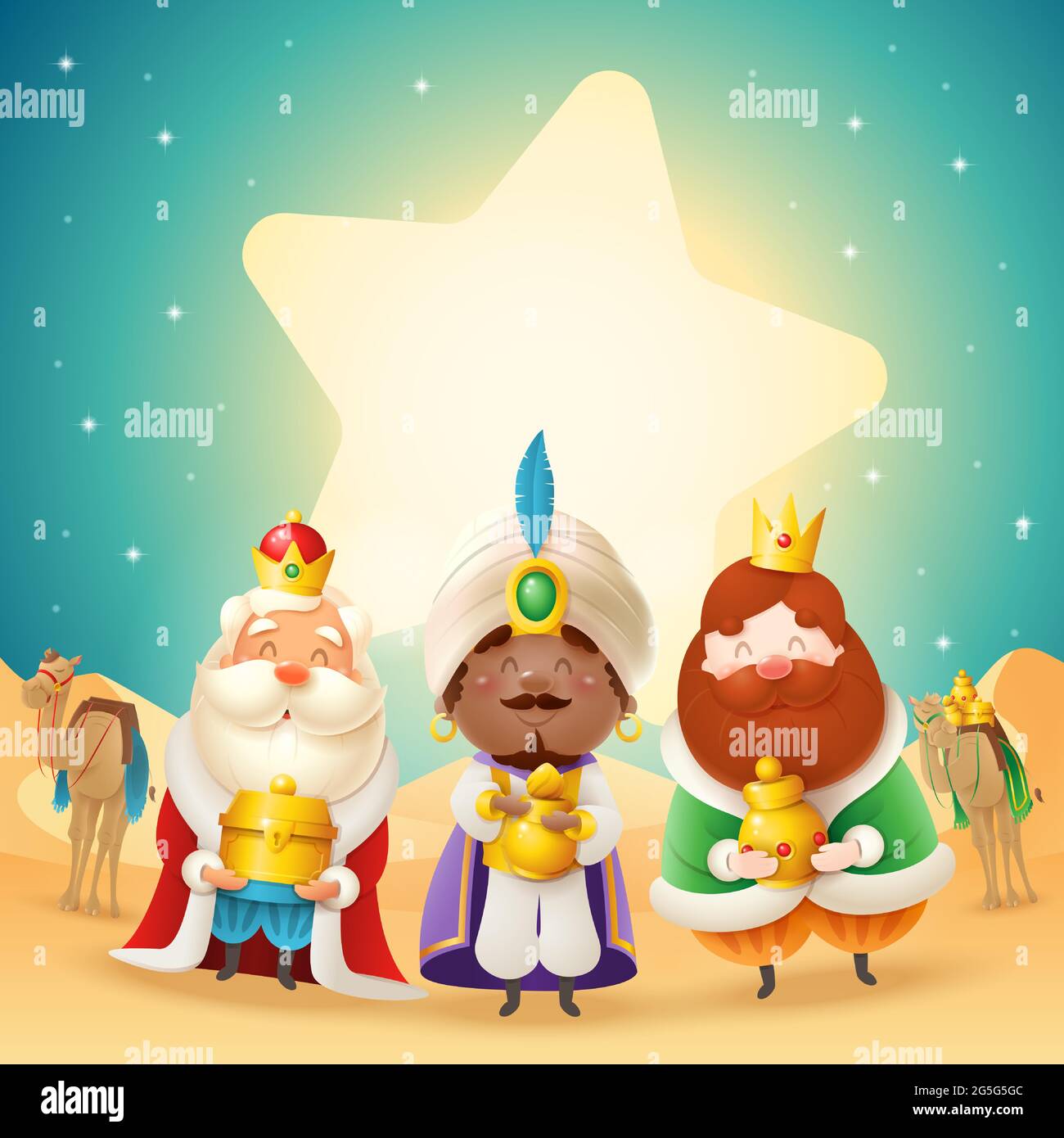Tre uomini saggi con regali e luci a forma di stella - Epiphany celebrazione - deserto notte paesaggio Illustrazione Vettoriale