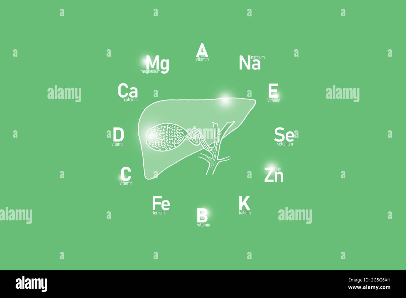 Clockface stilizzato con vitamine essenziali e microelementi per la salute umana, vescica di galline disegnata a mano, sfondo verde chiaro. Foto Stock