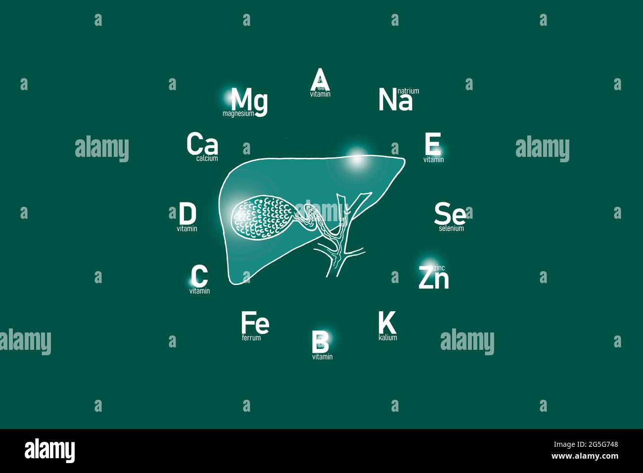 Clockface stilizzato con vitamine essenziali e microelementi per la salute umana, vescica di galline disegnata a mano, fondo verde profondo. Foto Stock