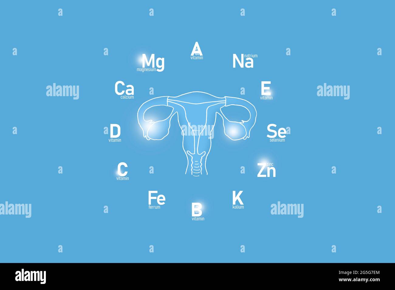 Orologio stilizzato con vitamine essenziali e microelementi per la salute umana, utero disegnato a mano, fondo azzurro. Foto Stock