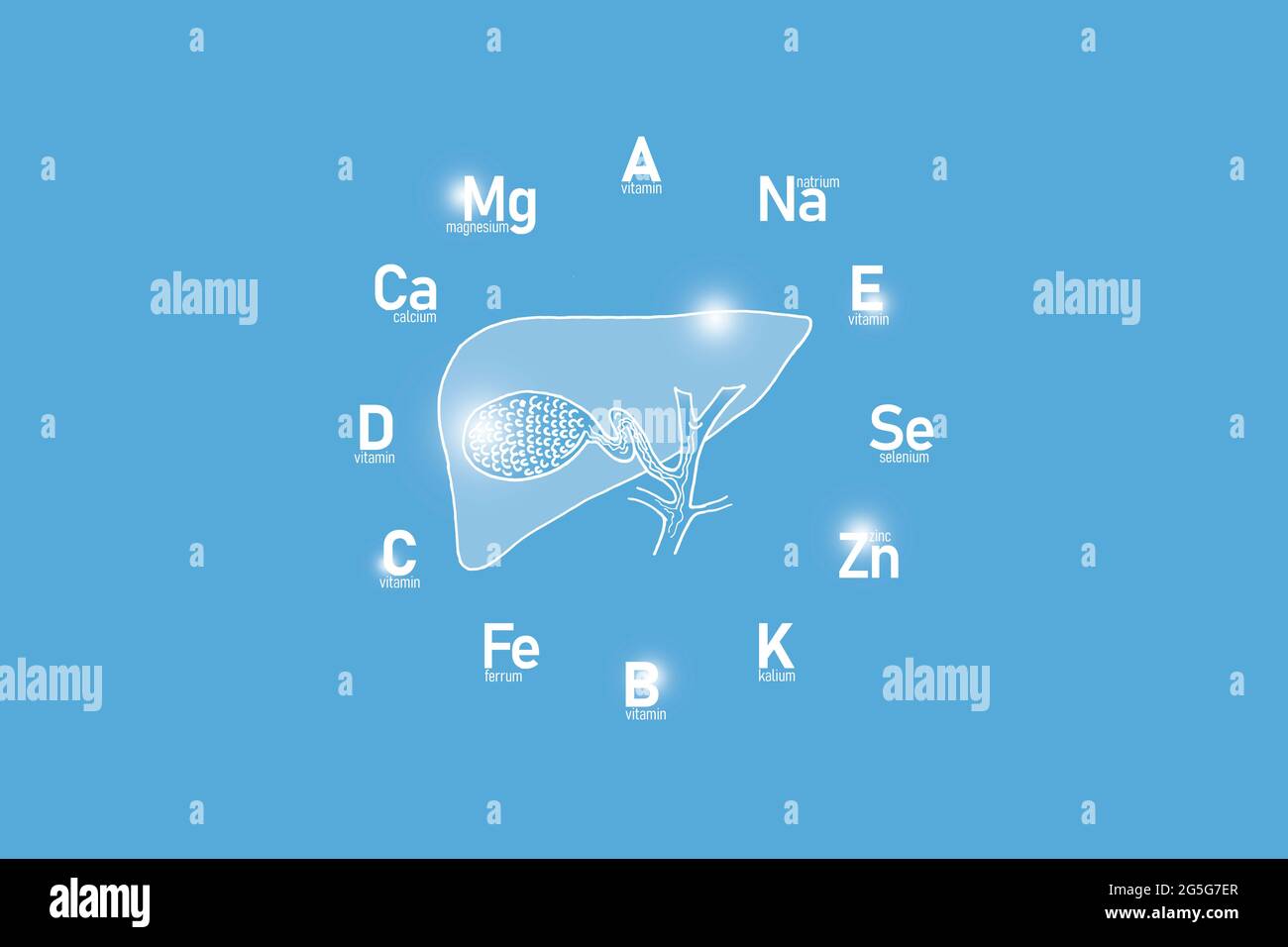 Clockface stilizzato con vitamine essenziali e microelementi per la salute umana, vescica di galline disegnata a mano, sfondo azzurro. Foto Stock
