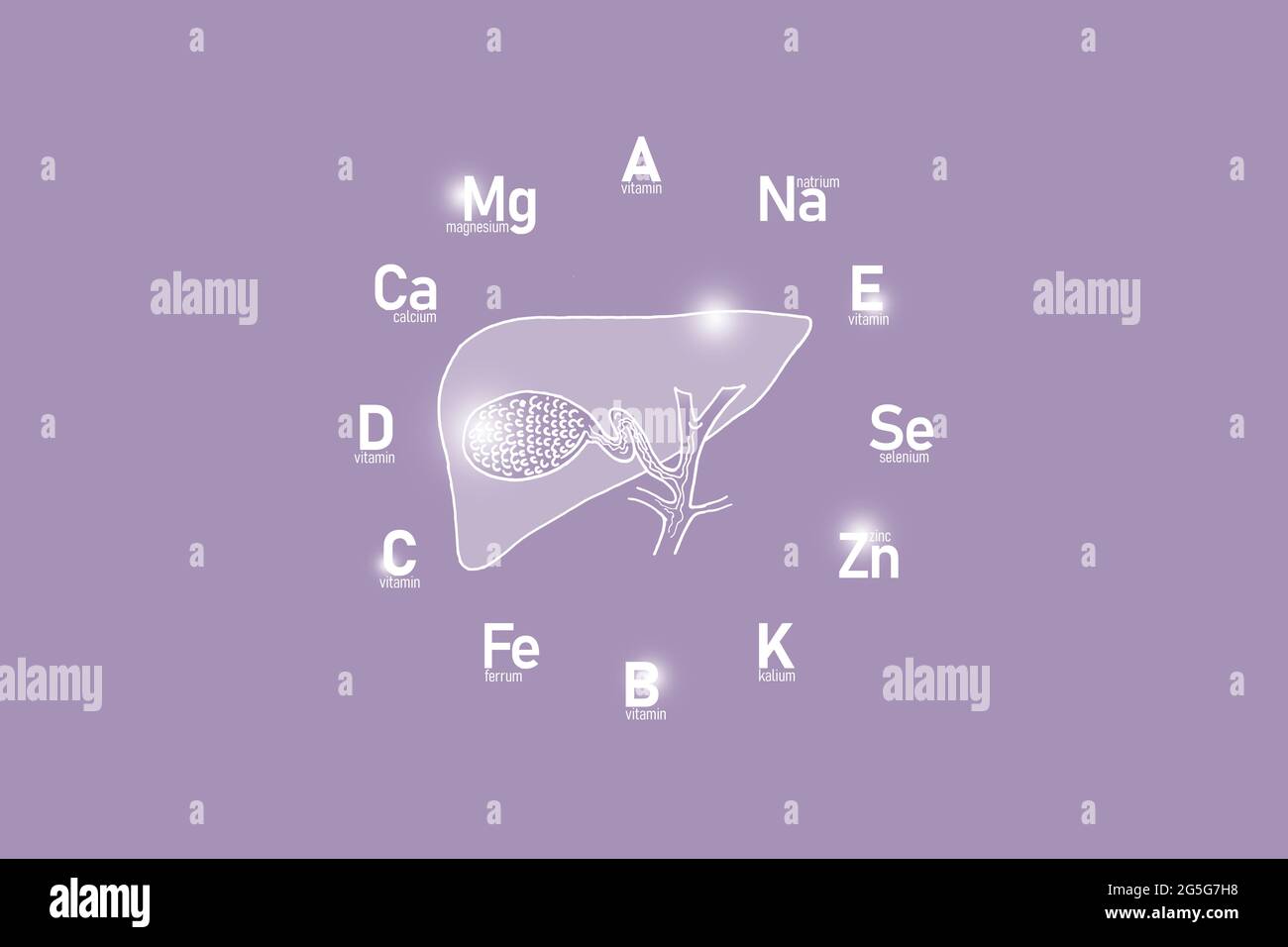 Clockface stilizzato con vitamine essenziali e microelementi per la salute umana, vescica di gallina disegnata a mano, sfondo lilla. Progettazione sanitaria mockup. Foto Stock