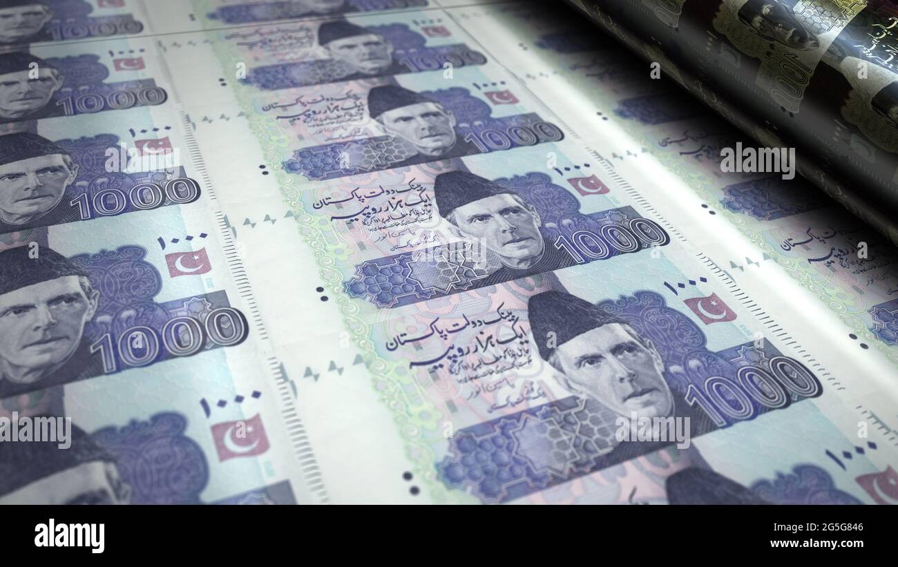 Pakistano rupia soldi stampa illustrazione 3d. Stampa di banconote PKR. Concetto di finanza, contanti, crisi economica, recessione di affari, banca, tasse e debito i Foto Stock