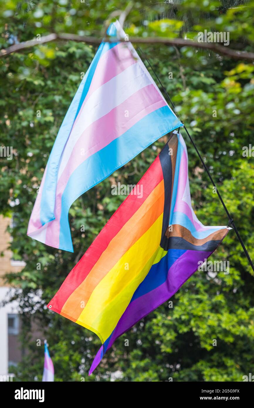 Flag TRANS Pride e Progress Foto Stock