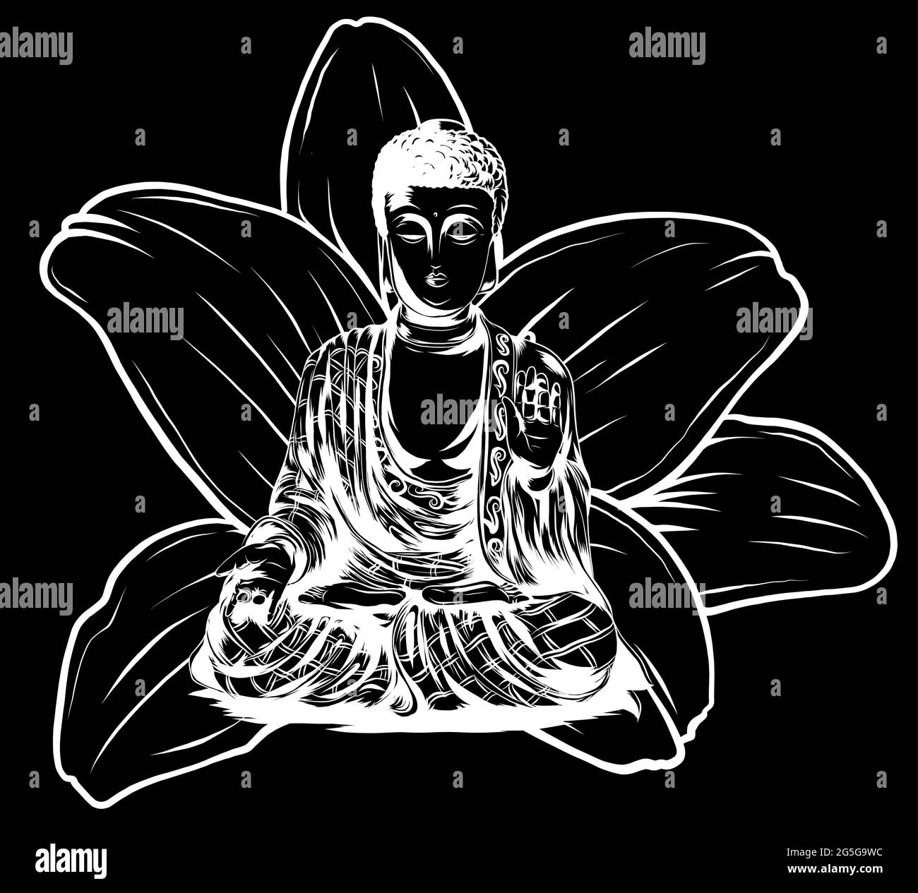 Buddha seduto su un vettore di sfondo di loto illusione Illustrazione Vettoriale