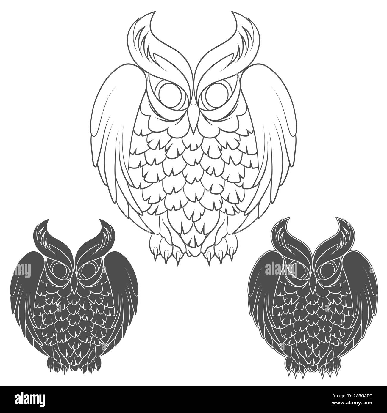 Set di immagini OWL in bianco e nero. Oggetti vettoriali isolati su sfondo bianco. Illustrazione Vettoriale
