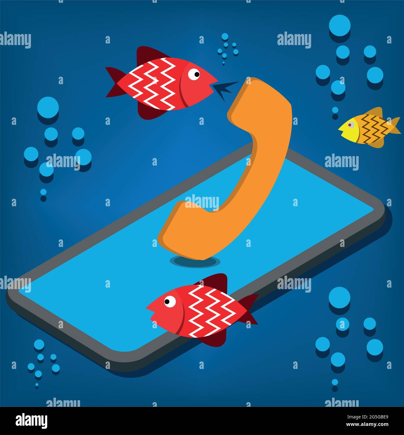 Telefono resistente all'acqua. Chiamata di pesce in acqua. Disegno di illustrazione vettoriale. Illustrazione Vettoriale