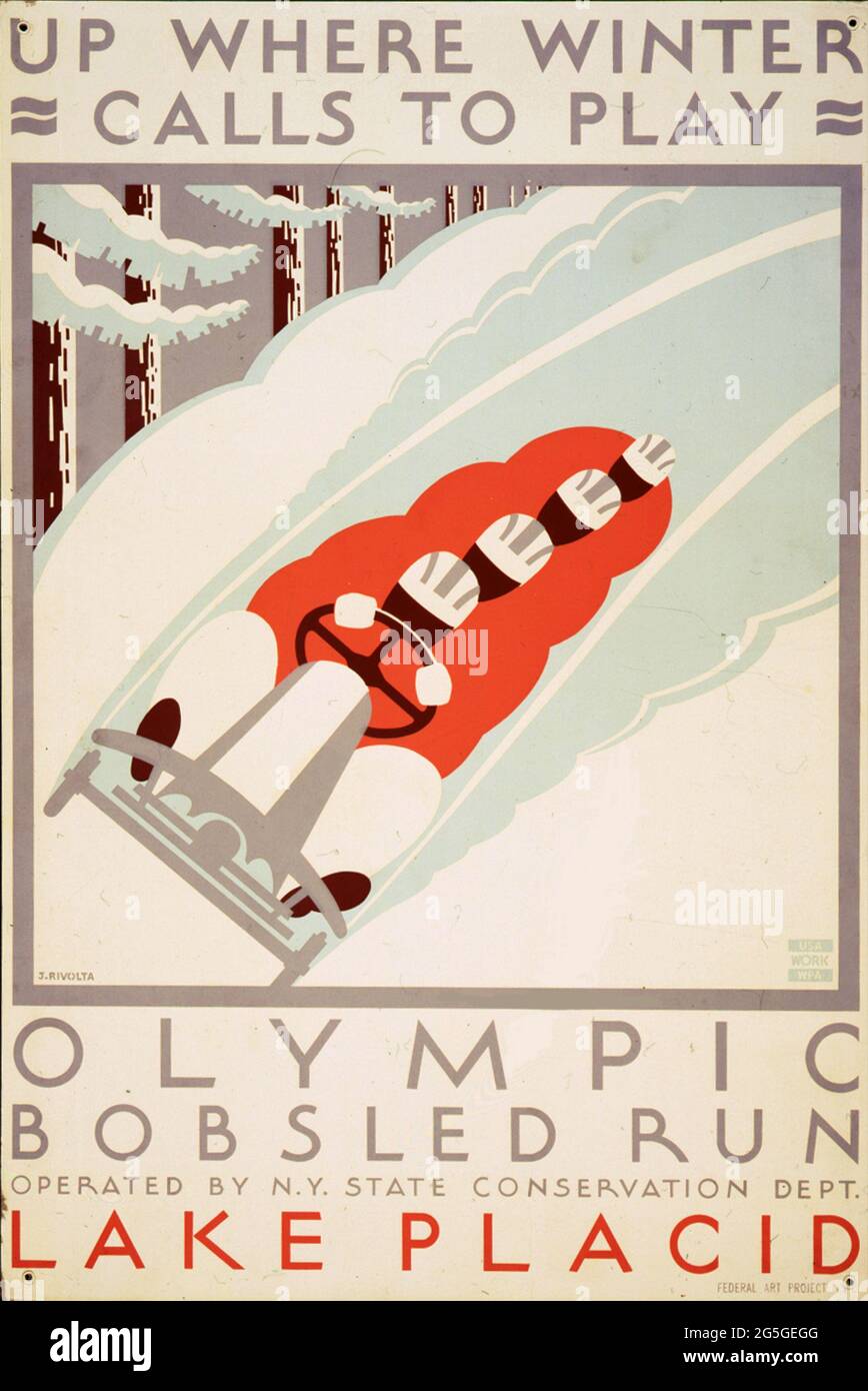 Un poster vintage per i Giochi Olimpici Bobsleigh correre nel lago Placid Foto Stock