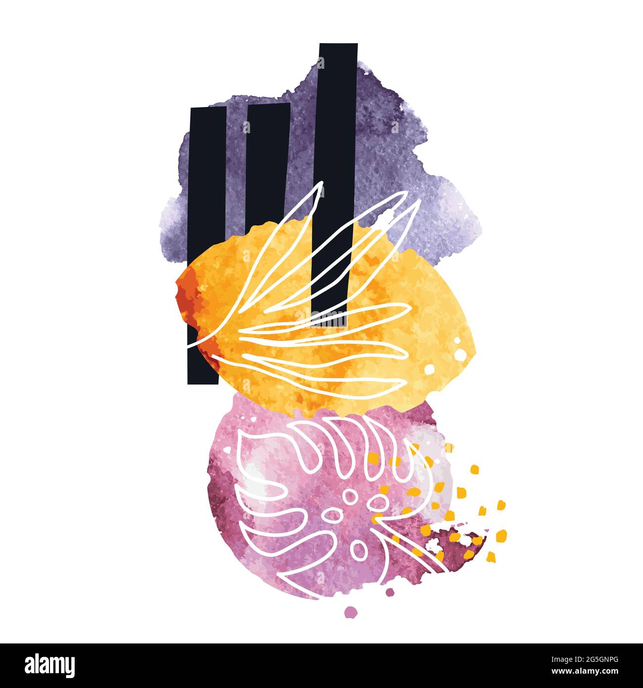 Arte astratta con macchie acquerello e foglie tropicali disegnate a mano. Opere d'arte minimaliste alla moda per la decorazione di pareti, cartoline o bro Illustrazione Vettoriale